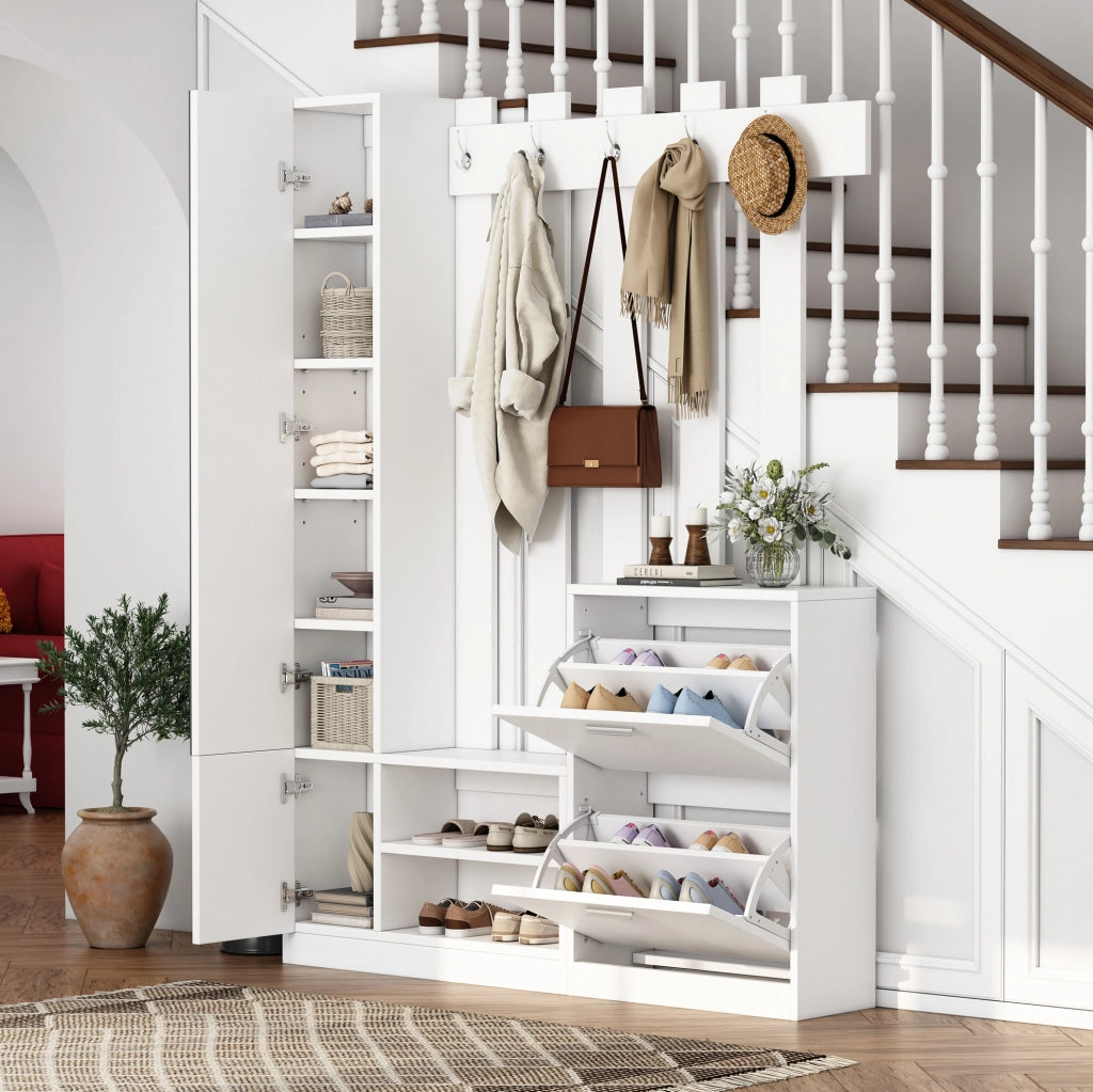 Set da ingresso con specchio; 2 scarpiere a ribalta e 5 ganci; 135 ¡Á 25 ¡Á 180 cm; bianco