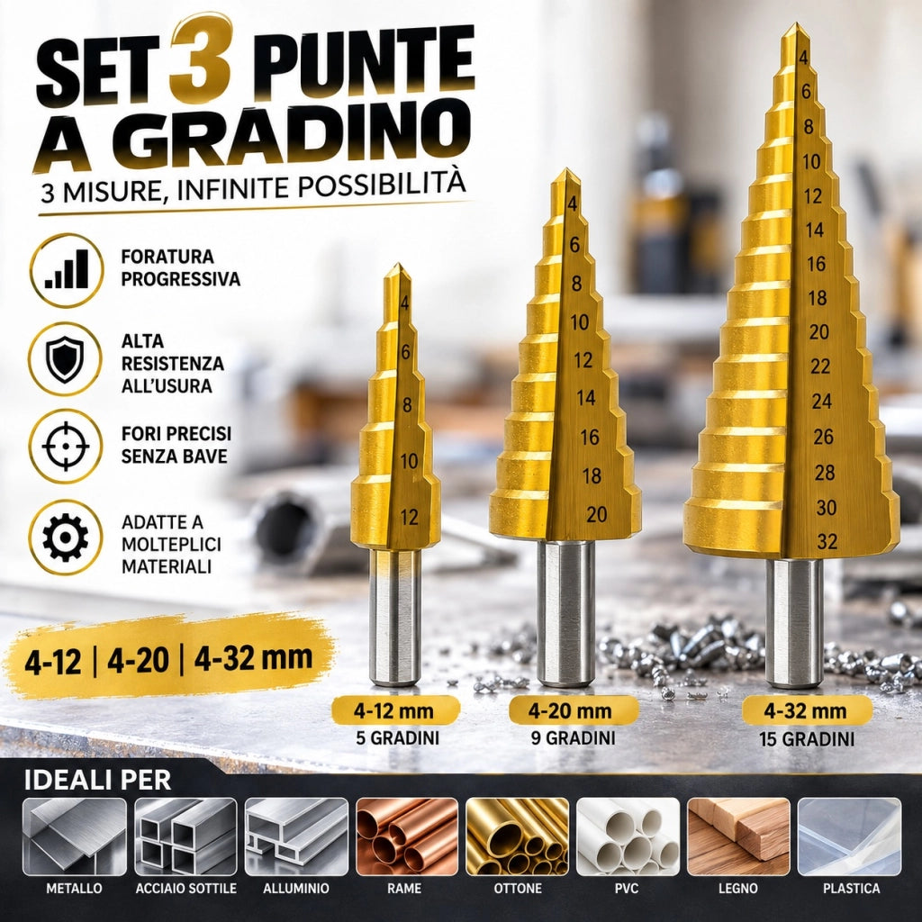 3 Punte a Gradino HSS Titanio 4-12/4-20/4-32 mm Attacco Esagonale VHT02594