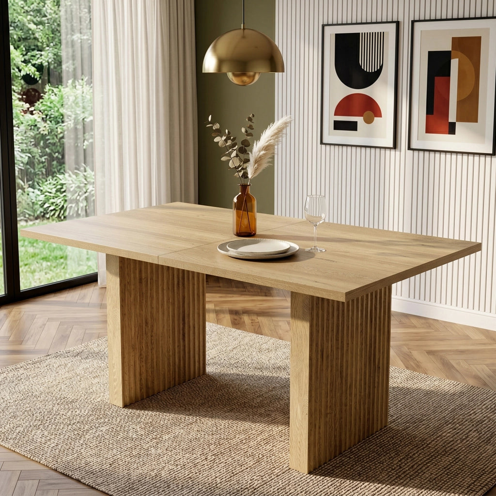 Tavolo allungabile rettangolare in MDF color rovere con piano da 3 cm e gambe a lamelle 140-200 × 90 × 75 cm