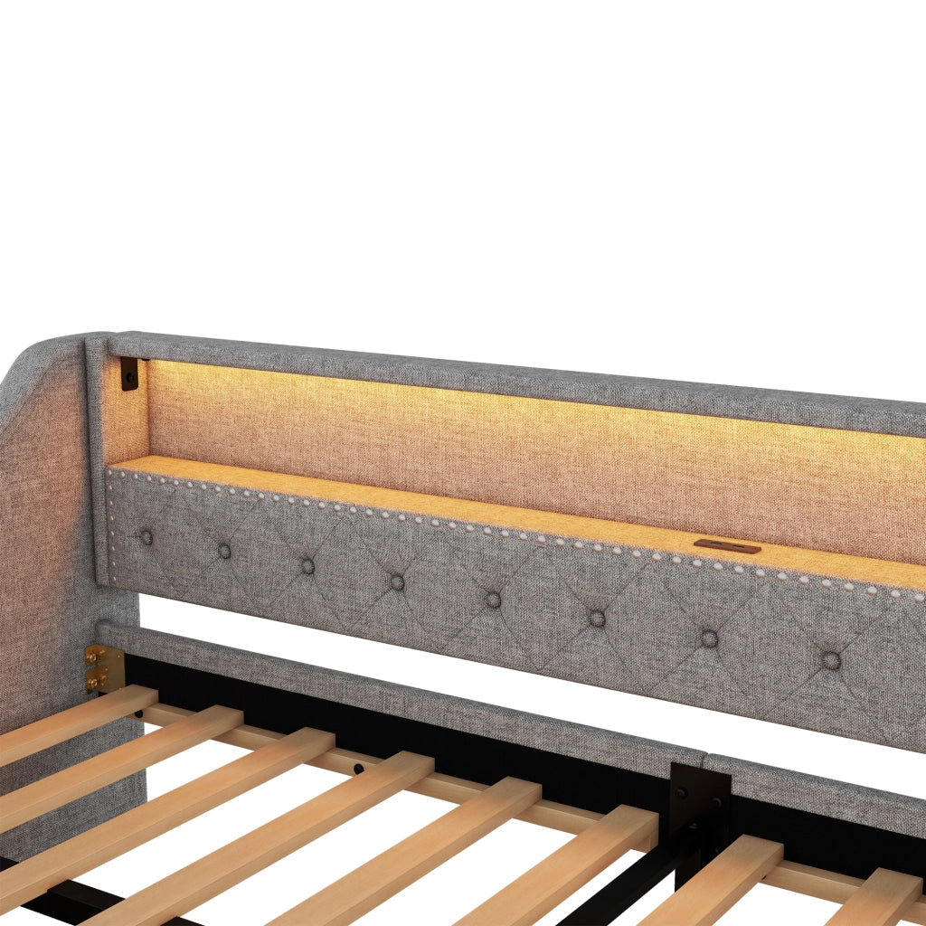 Letto divano singolo 90 × 200 cm con 2 cassetti; USB e LED regolabile; senza materasso; in lino; grigio
