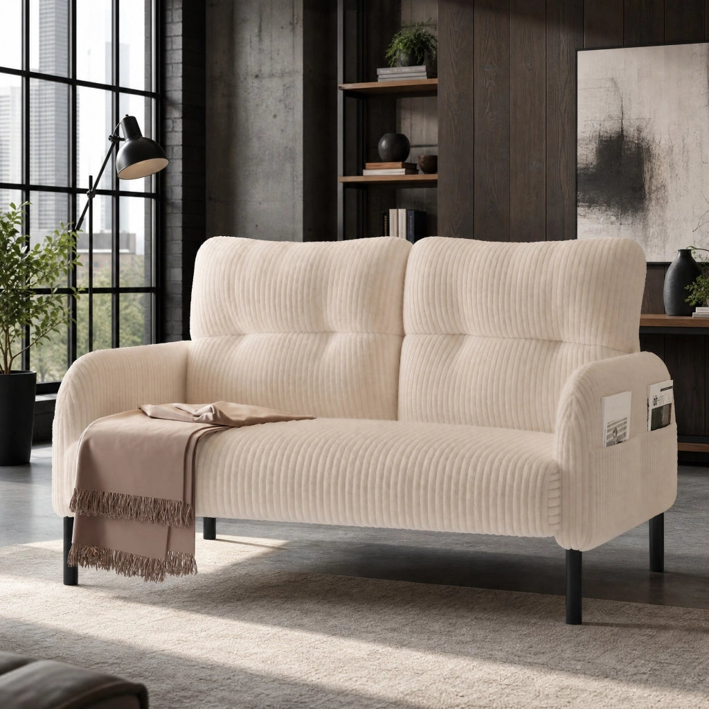 Divano 2 posti 120x75x79 cm in velluto a coste beige con tasca laterale