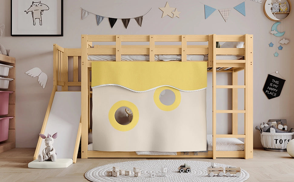 Letto a castello per bambini 90 × 200 cm con scala scivolo tende e protezione anticaduta in legno naturale