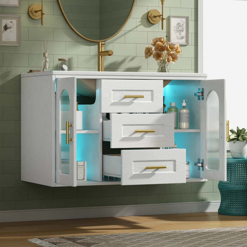 Mobile bagno sospeso 76 cm con lavabo in ceramica 2 cassetti ante in vetro rigato LED in MDF bianco effetto legno