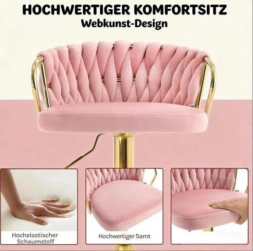 Set di 2 Sgabelli da Bar in Velluto Rosa con Struttura in Metallo, Altezza Regolabile 77-98 cm