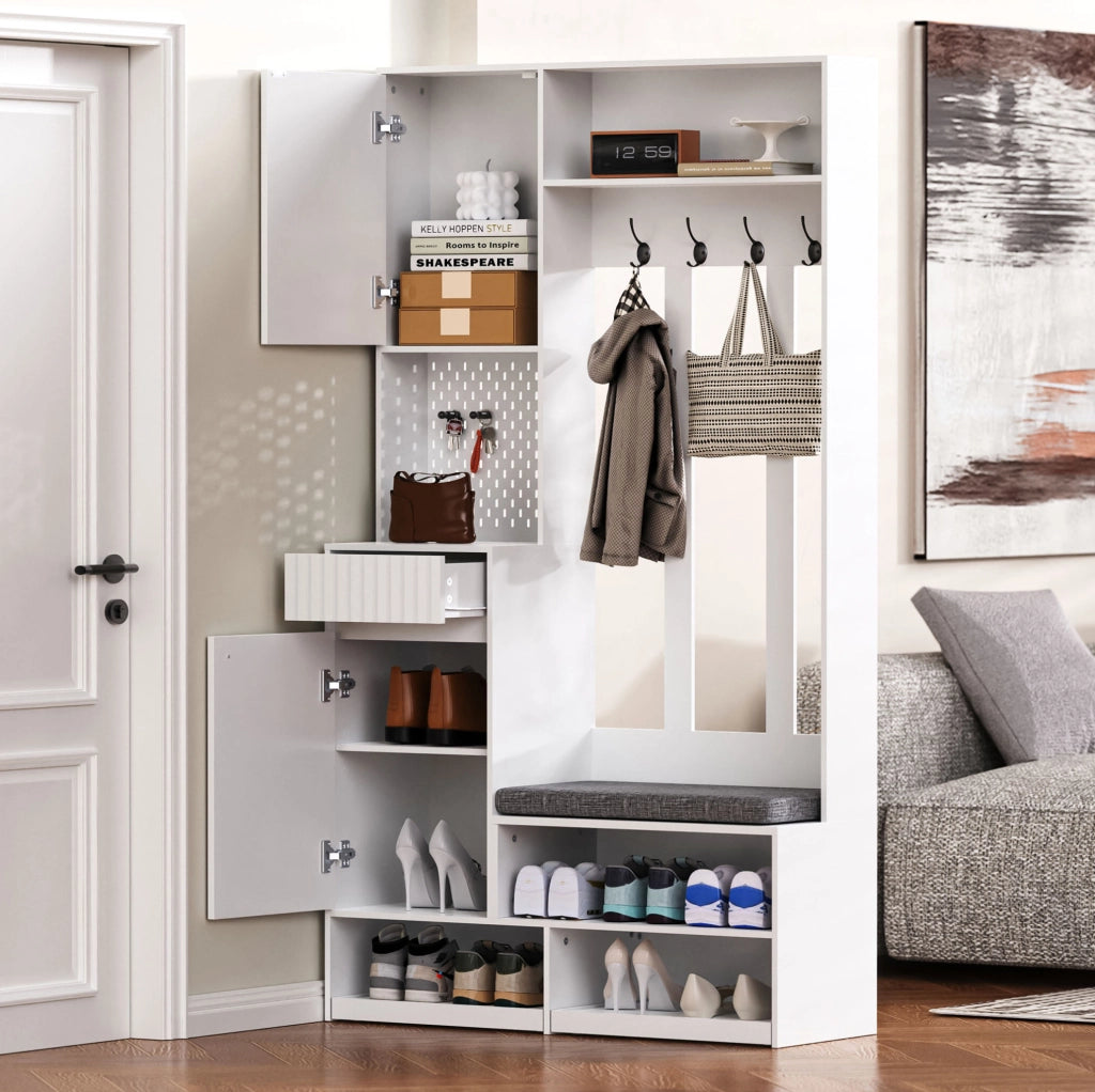 Mobile ingresso 100x35x180 cm con panca imbottita; 2 cassetti e 4 ganci in MDF bianco