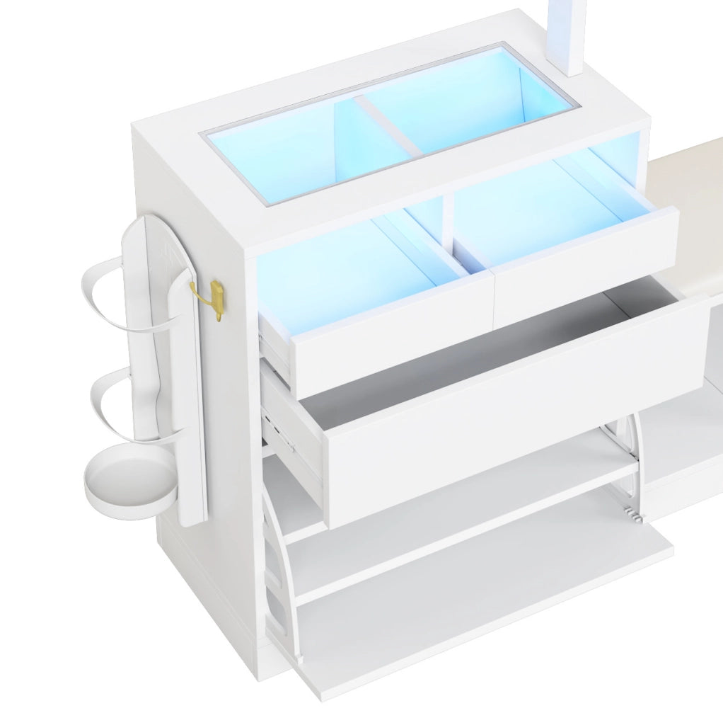 Set guardaroba multifunzionale 6 in 1 con tavolo da toeletta, porta abiti, panca porta scarpe e vetrina con luce LED a colori