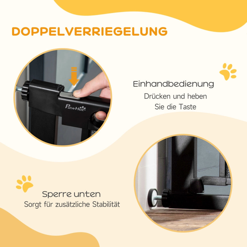 Cancelletto di sicurezza per cani in acciaio nero larghezza regolabile 75-103 cm con chiusura automatica bidirezionale