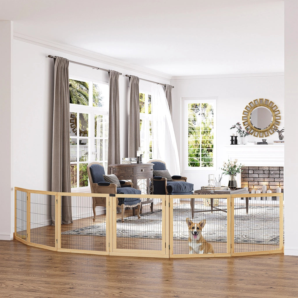 Cancelletto pieghevole per cani in legno di pino e acciaio con piedi di supporto naturale 432 × 36 × 70 cm
