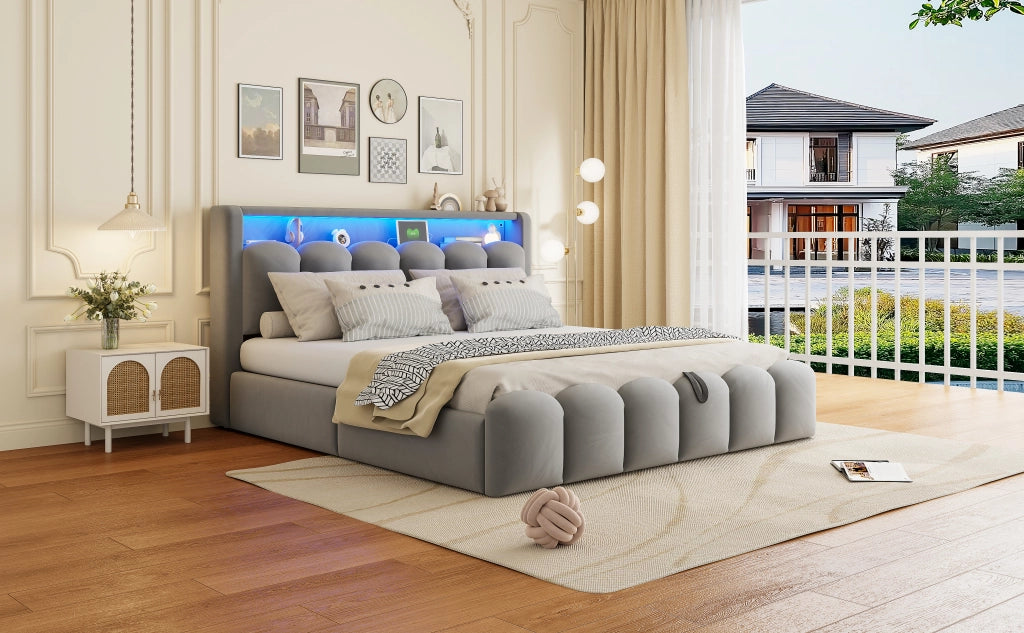 Letto matrimoniale imbottito 180 × 200 cm con contenitore idraulico LED USB e Type-C in velluto grigio