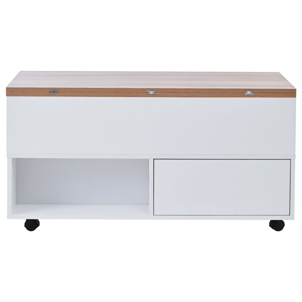 Tavolino da salotto elevabile e allungabile 100x50 cm con cassetti; bianco e rovere