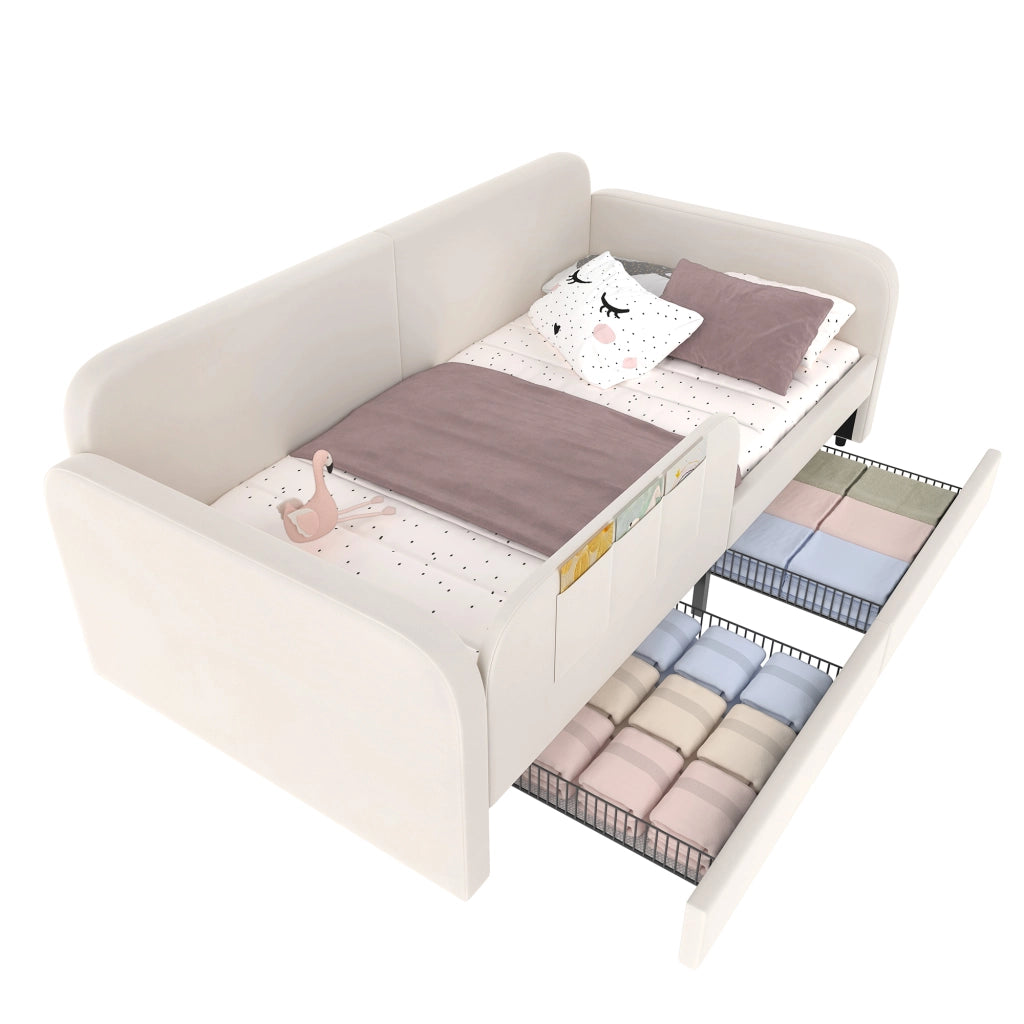 Letto per bambini singolo 90 × 200 cm con 2 cassetti e 3 tasche laterali, senza materasso, in velluto bianco