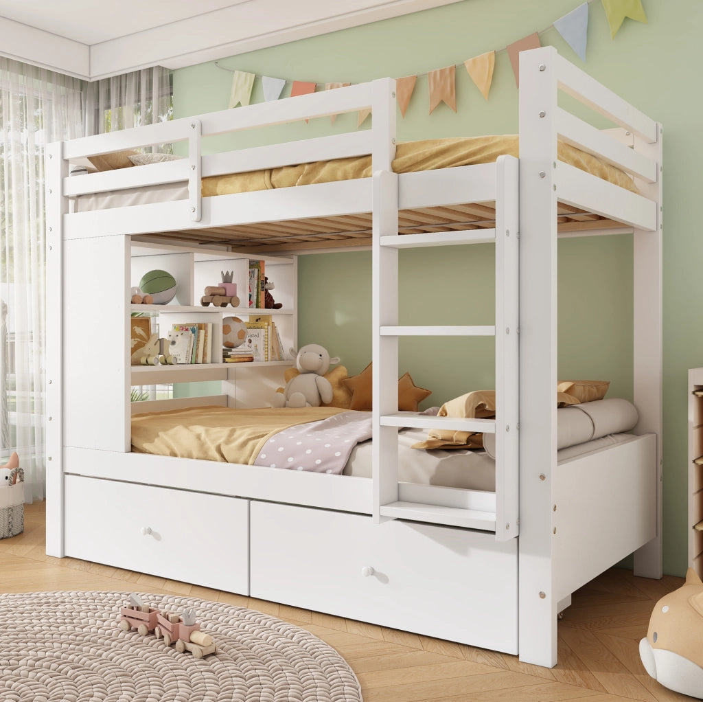 Letto a castello per bambini 90x200 cm con 2 cassetti; scaffale e scala; bianco