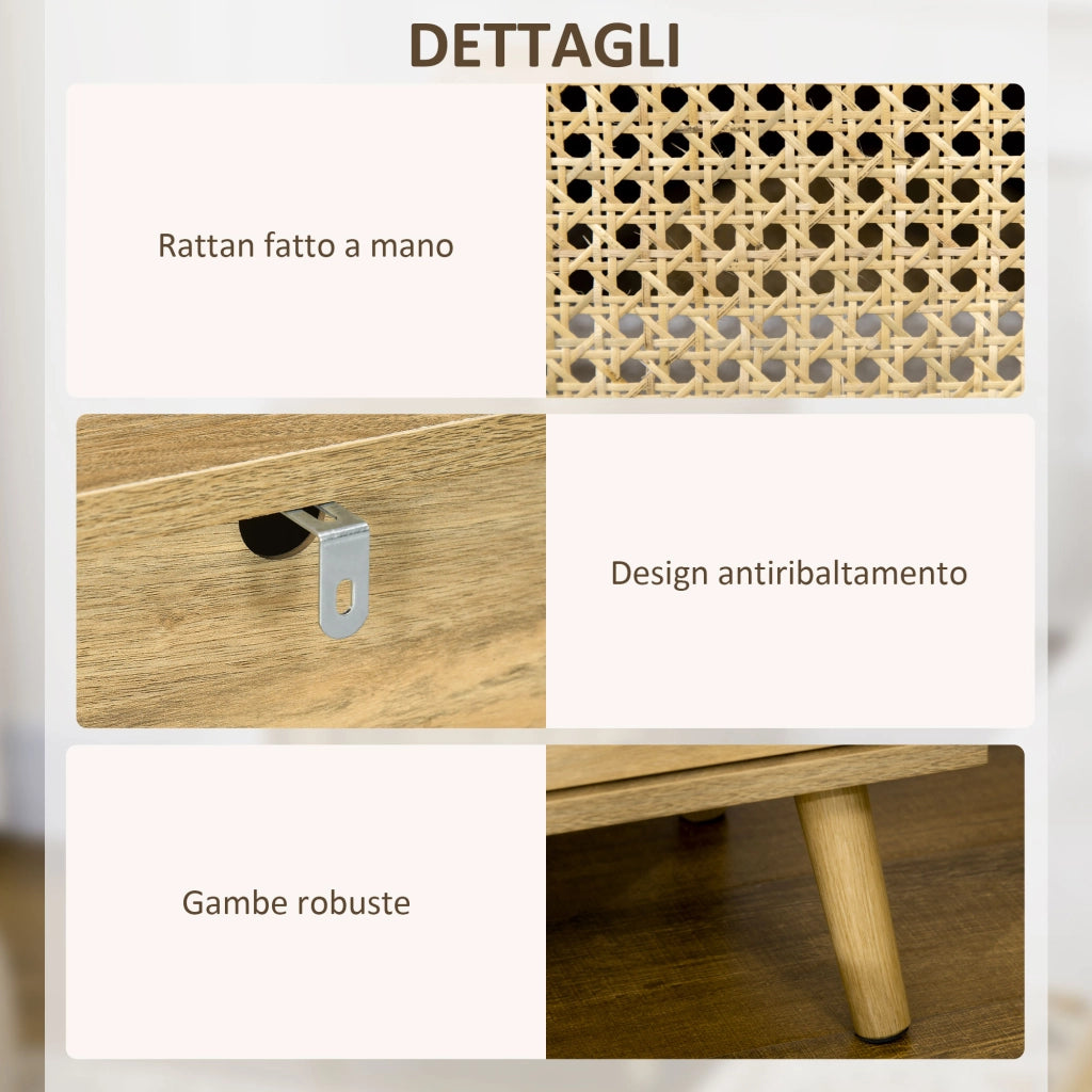 Set 2 comodini in stile boho con armadietto e ripiano aperto in truciolato rattan e MDF pratici e salvaspazio per casa 39x35x60 cm