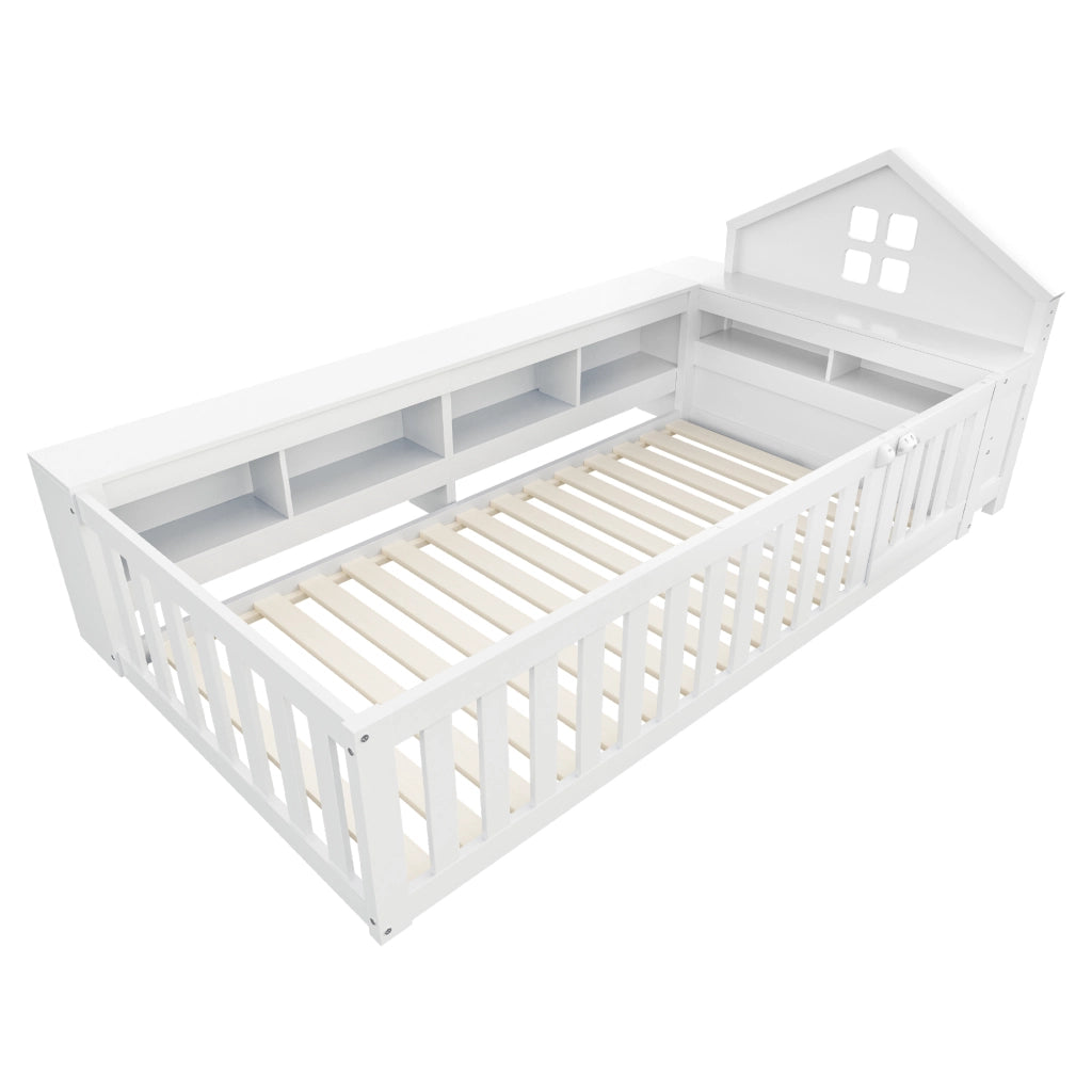 DESMIU Letto per Bambini Singolo con Contenitori, Sponde e Porta, 90 × 200 cm, Senza Materasso, Legno Massello, Bianco