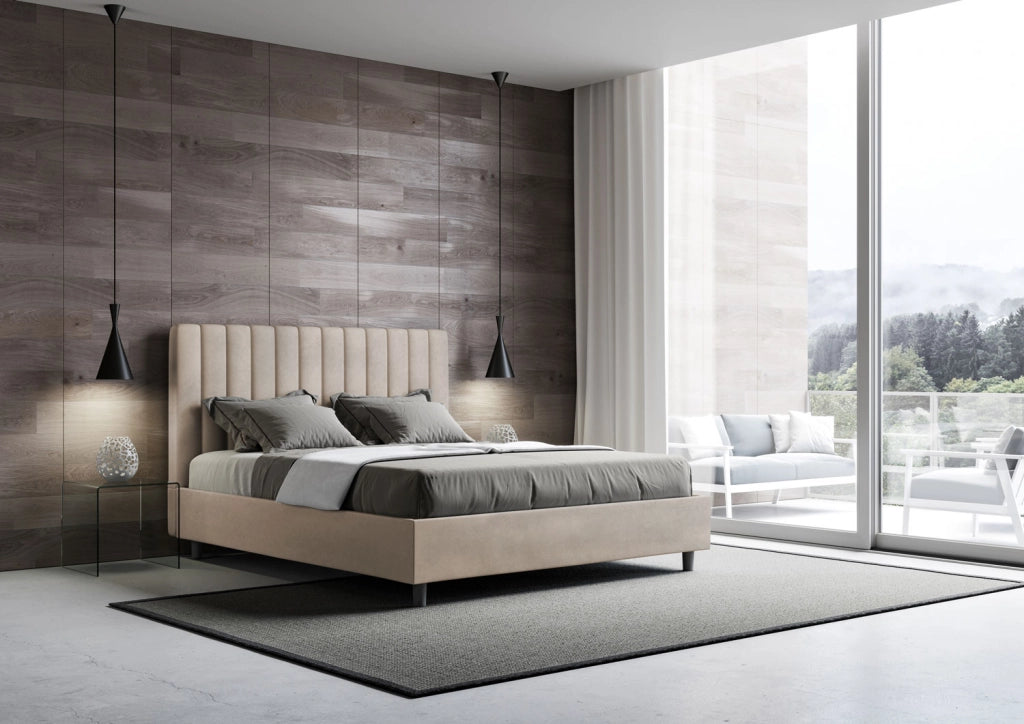 Letto 1 Piazza E Mezzo 130x190 cm con Rete Imbottito in Microfibra Agueda Sabbia