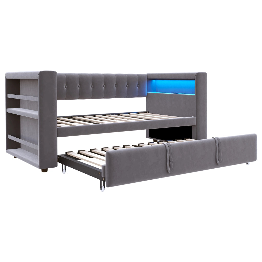 Divano letto 90x190 grigio scuro con LED; prese e contenitore