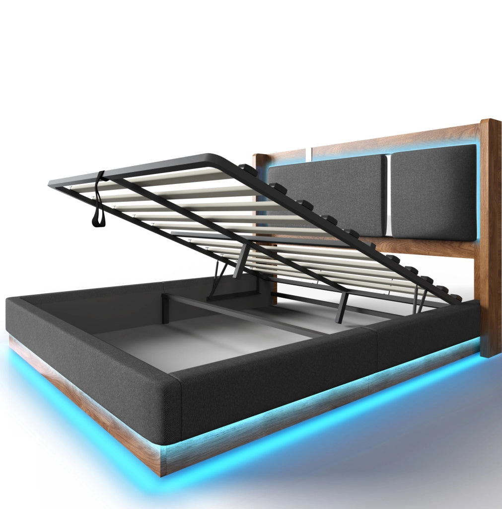 Letto imbottito 140x190 cm con LED e contenitore idraulico in lino grigio e noce