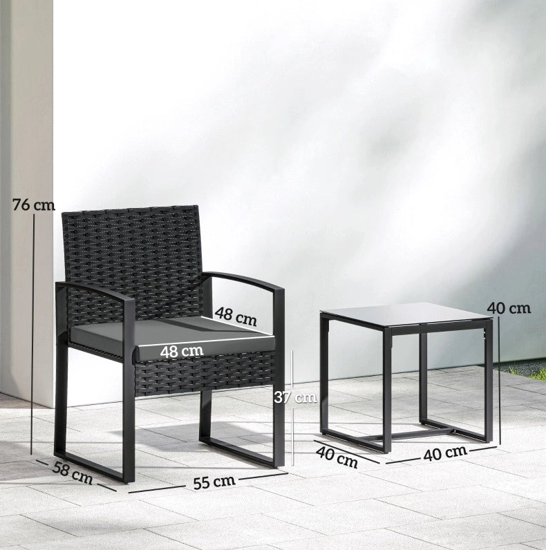 Set da giardino in rattan 3 pezzi con 2 poltrone e tavolino, cuscini sfoderabili grigio scuro