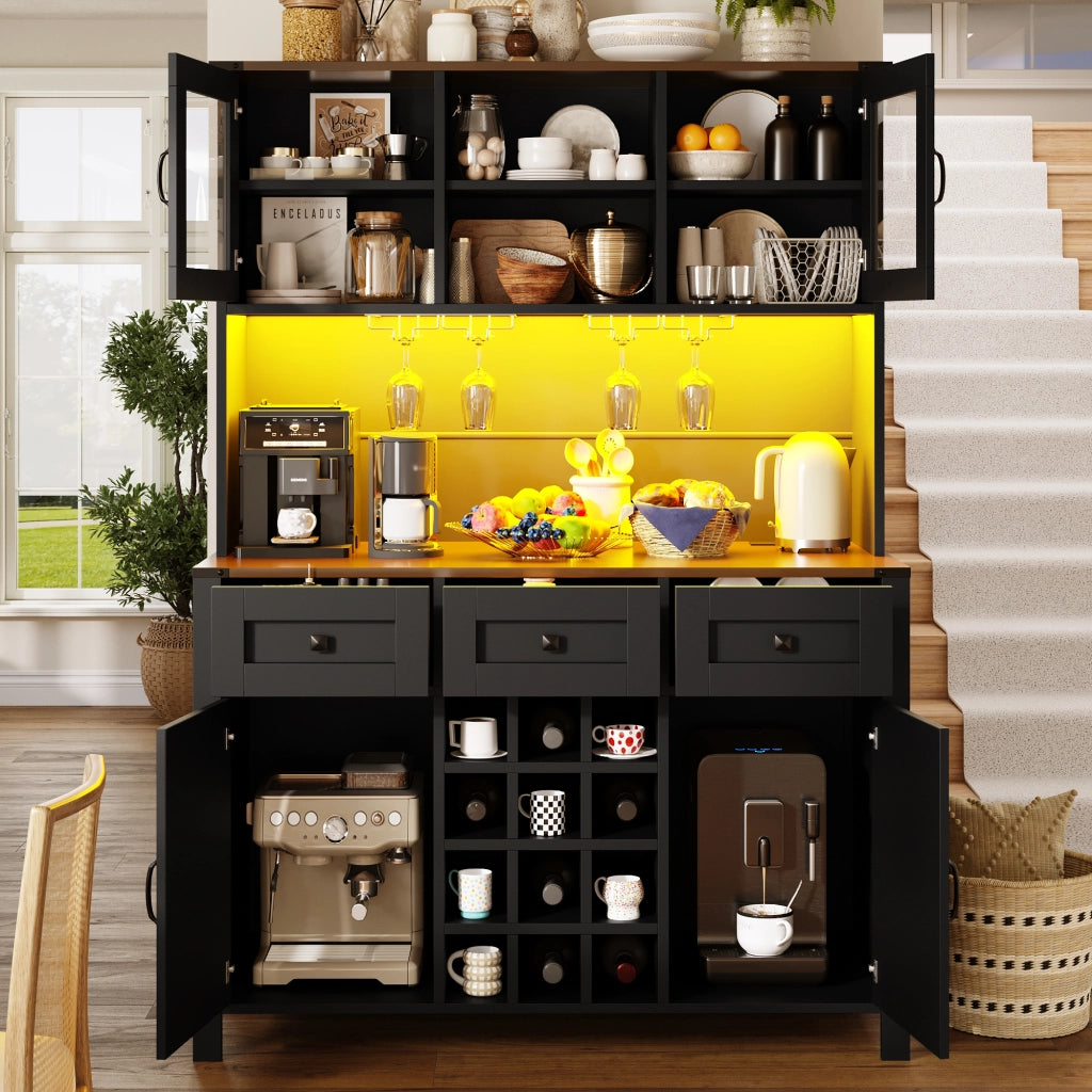 Credenza Alta con LED, USB e Prese ¨C MINIMAL ¨C 4 Ante, 3 Cassetti, Nero, 120¡Á40¡Á170cm
