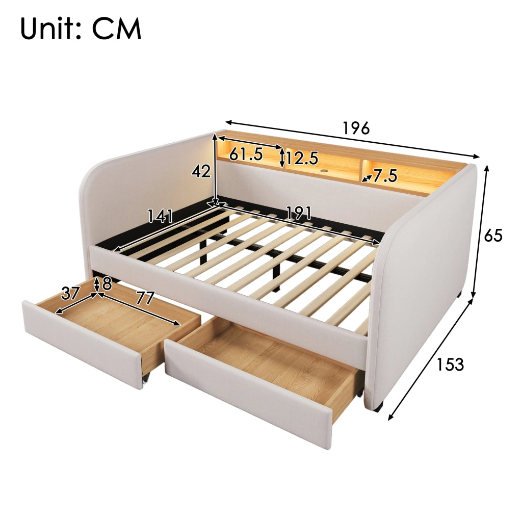 Letto imbottito 140 ¡Á 190 cm con testiera LED porte USB e Type-C due cassetti in lino beige chiaro senza materasso