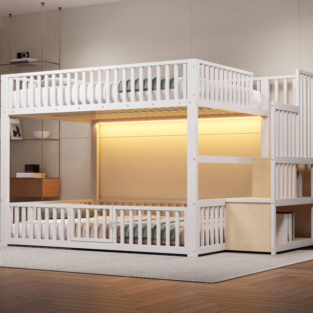 Letto a castello 140x200 con scala contenitore e illuminazione LED, colore bianco