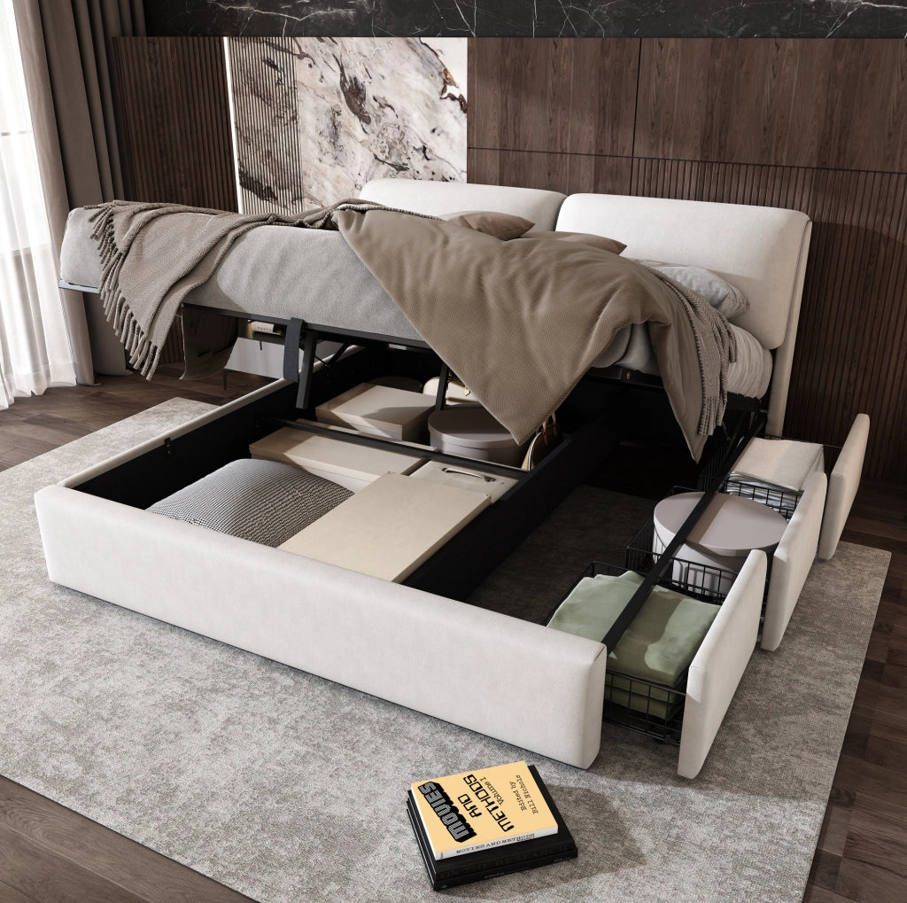 Letto imbottito 180x200 cm con contenitore idraulico, 3 cassetti e testiera in velluto beige, senza materasso