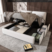Letto imbottito 180x200 cm con contenitore idraulico, 3 cassetti e testiera in velluto beige, senza materasso
