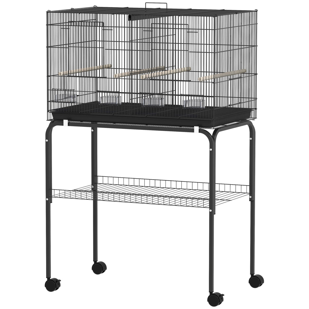 Gabbia per Uccelli con Divisorio, Mangiatoie e Vassoio Estraibile ¨C Minimal ¨C 76x46x46/116 cm Nero
