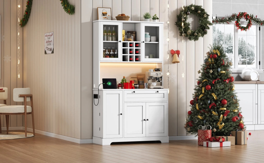 Armadio da cucina alto 180x105x40 cm con porta, ripiano spezie integrato, mensole regolabili, illuminazione LED a cambio colore e presa elettrica