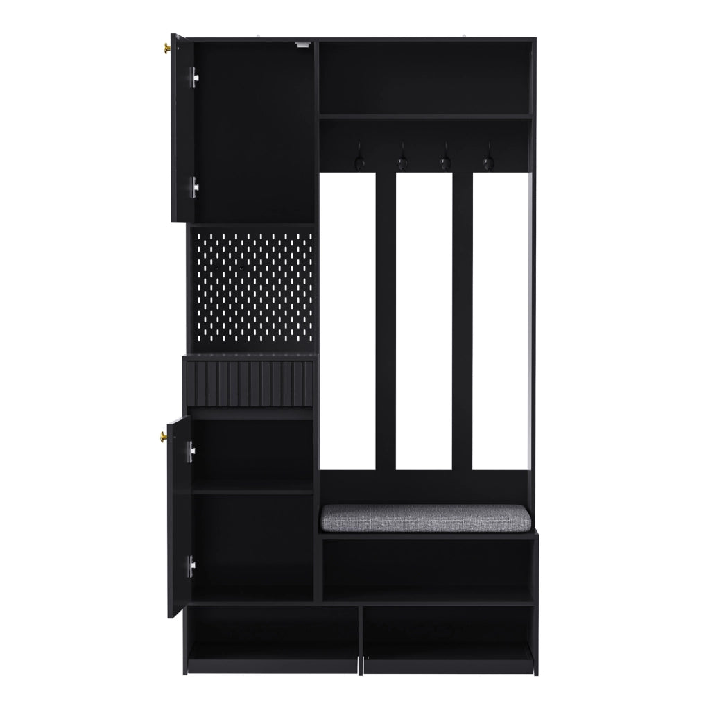 Set guardaroba con panca imbottita, 4 ganci, ante e cassetti, MDF nero, 100×180×35 cm