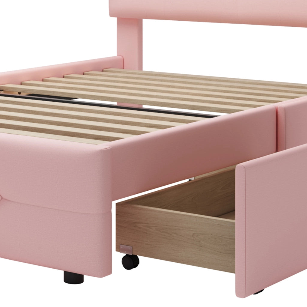 Letto con cassetti 90 × 200 cm con LED e testiera regolabile imbottito in legno rosa