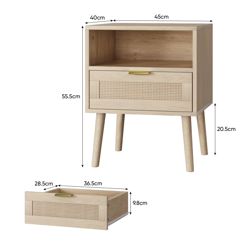 Comodino con cassetto e vano aperto, maniglia dorata, per camera da letto, MDF e rattan, rovere, 45 × 40 × 55 cm