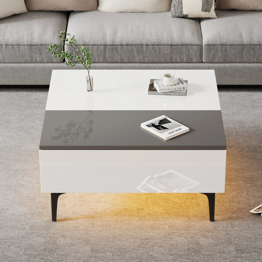 Tavolino basso alzabile con vano e cassetto LED in MDF bianco e grigio piano regolabile 70 × 70 × 35 cm