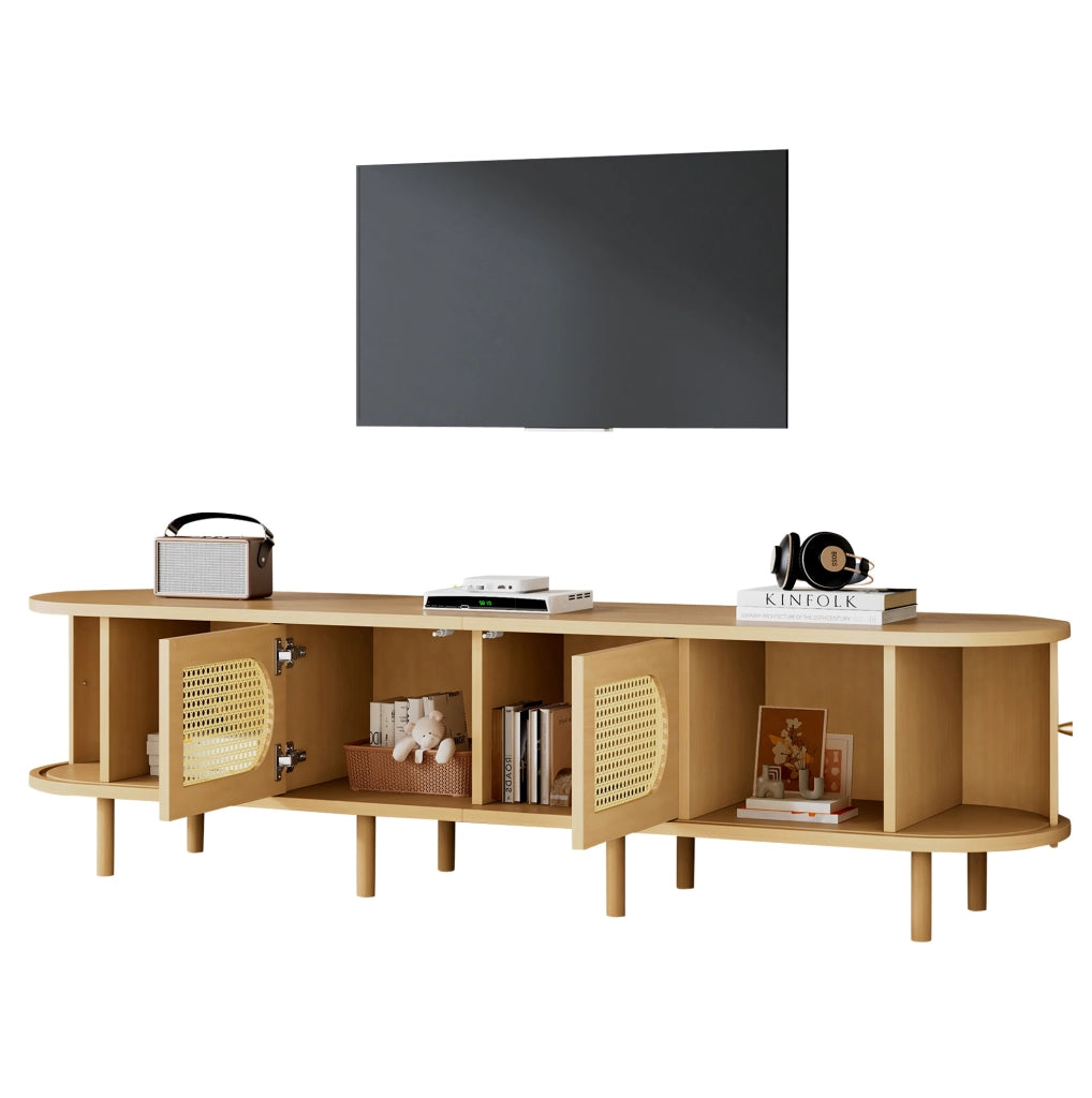 Mobile TV ULEVR 180x40x40 cm con 2 ante e 2 serrande scorrevoli, design rattan, MDF naturale