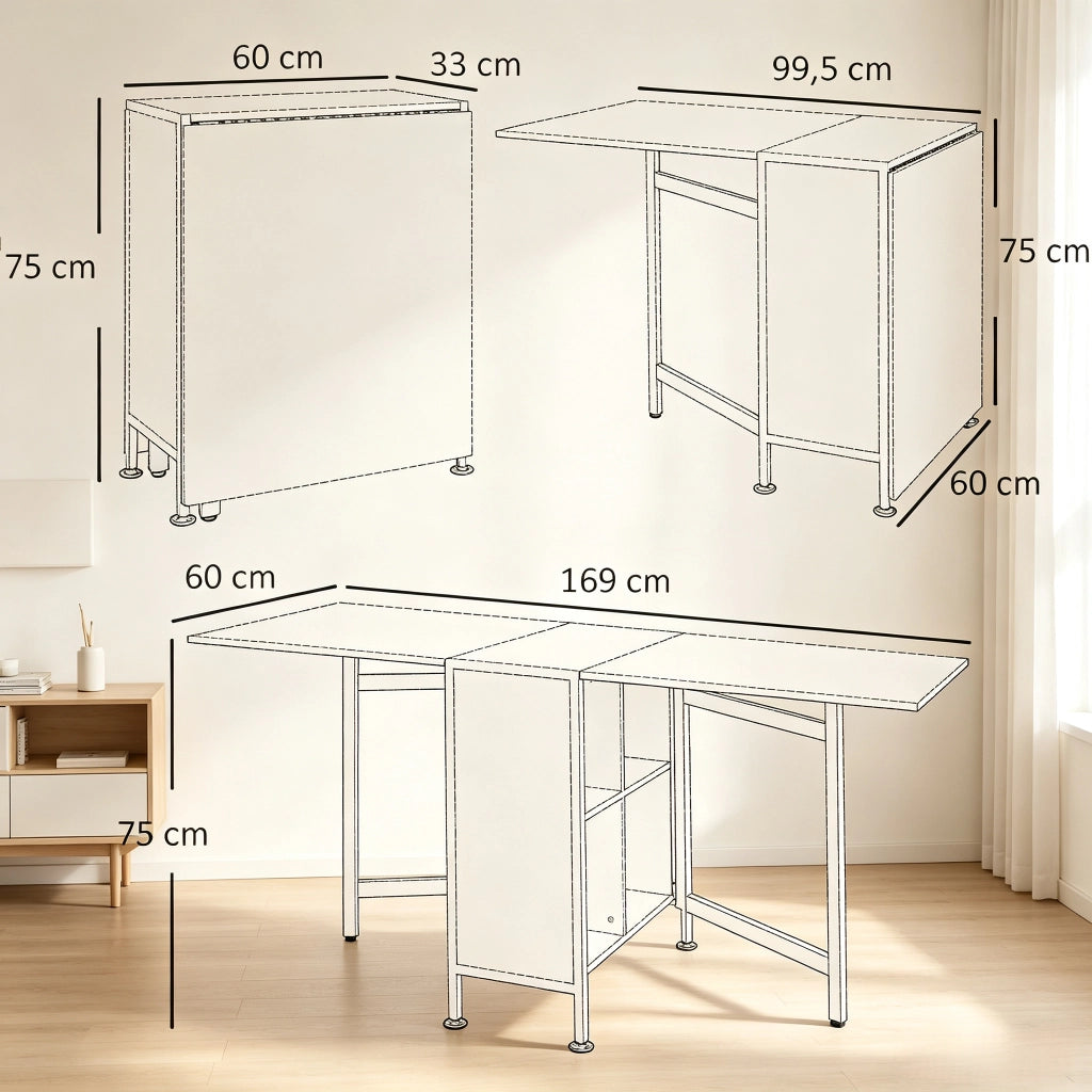 Tavolo allungabile pieghevole con 4 vani contenitore in MDF e acciaio per cucina e soggiorno bianco rovere