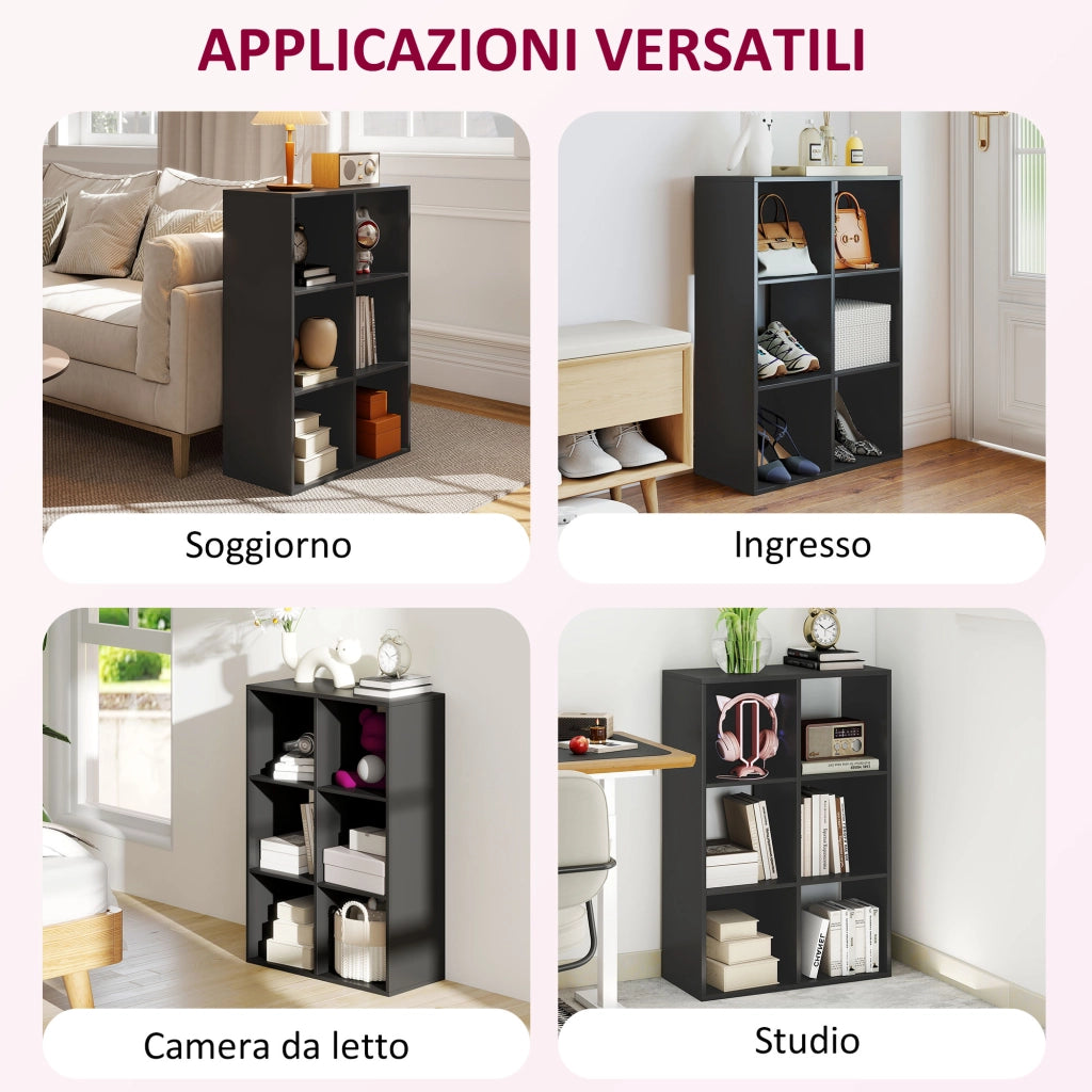 Libreria Cubi Scaffale 6 Ripiani ¨C Minimal ¨C Legno Nero 61.5x29.5x91.5 cm