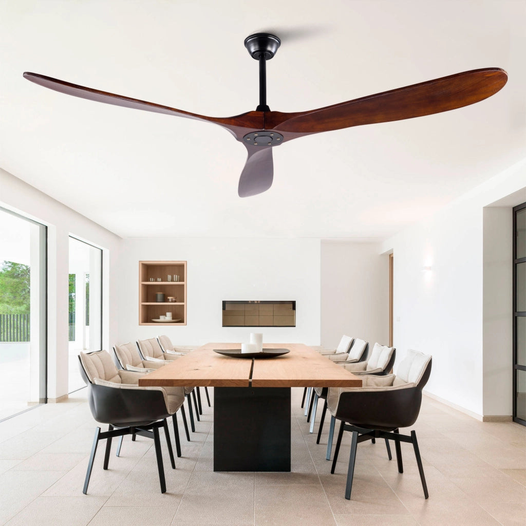 Ventilatore da soffitto senza luce in metallo e legno; nero e noce scuro; con telecomando