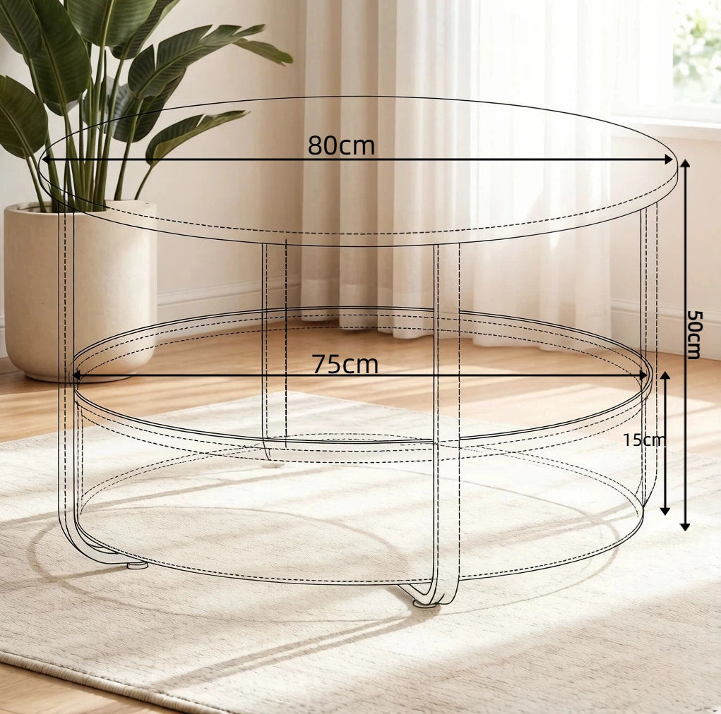 Tavolino rotondo da salotto con struttura in metallo e piano in truciolato melaminico Ø 80 cm, colore nero, con cestino in tela