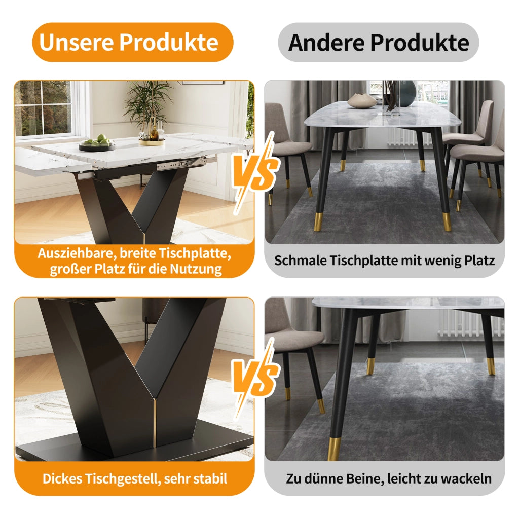 Tavolo allungabile da pranzo con piano in MDF effetto marmo guide in metallo bianco e nero 99–159 × 75 × 75 cm