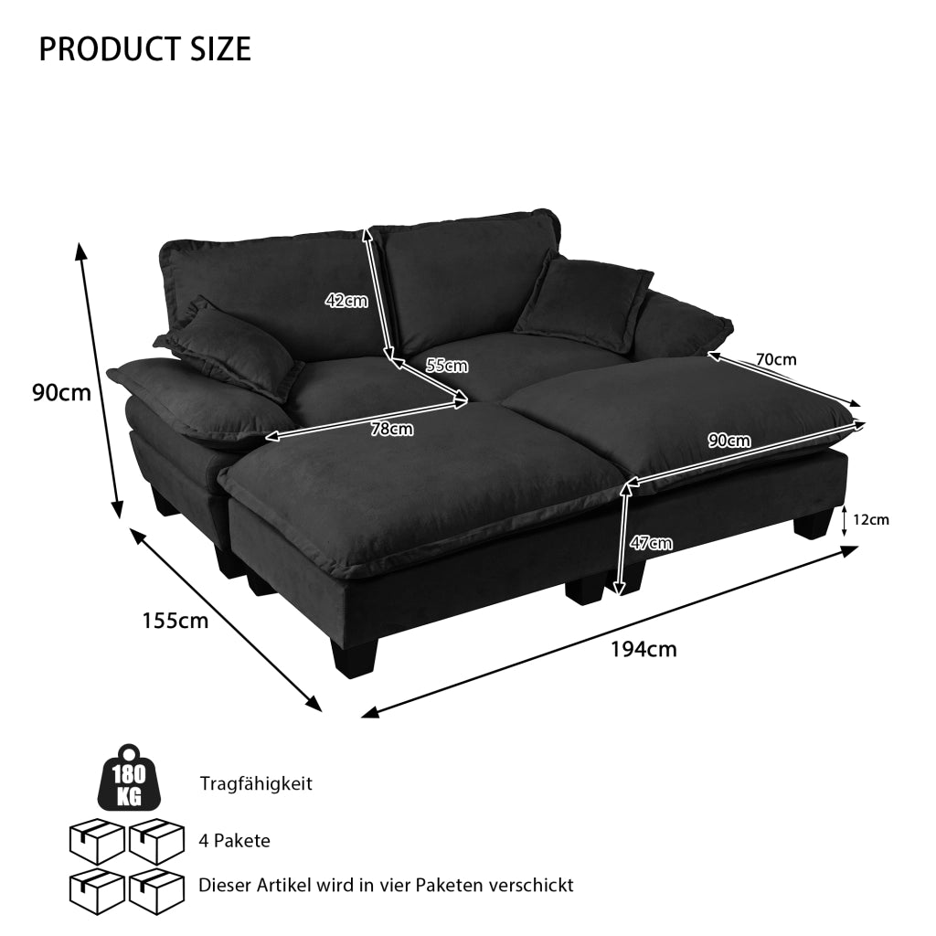 Divano Angolare Modulare con Ottomane ¨C MINIMAL ¨C Chenille Nero, Cuscini Morbidi