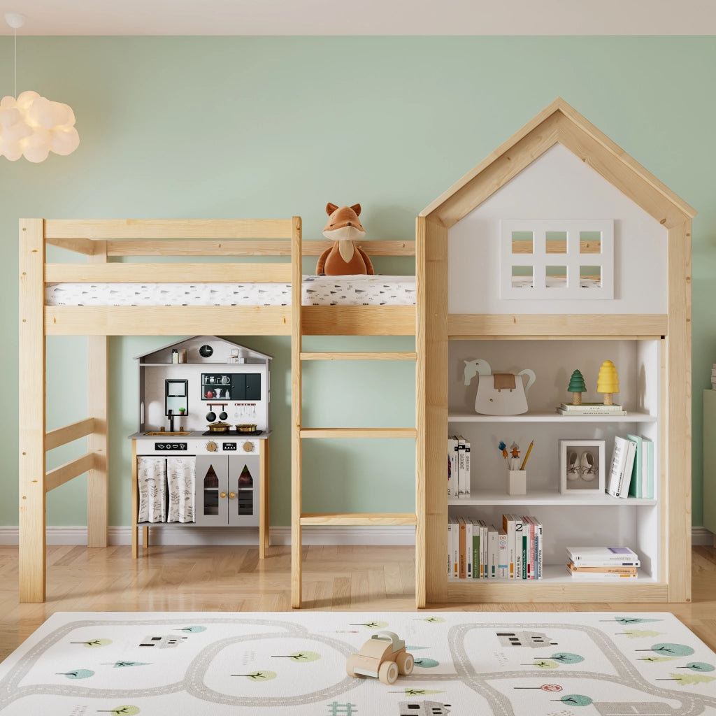 Letto a soppalco per bambini 90x200 cm a casetta; pino e MDF; bianco e legno naturale; cassetti e protezioni