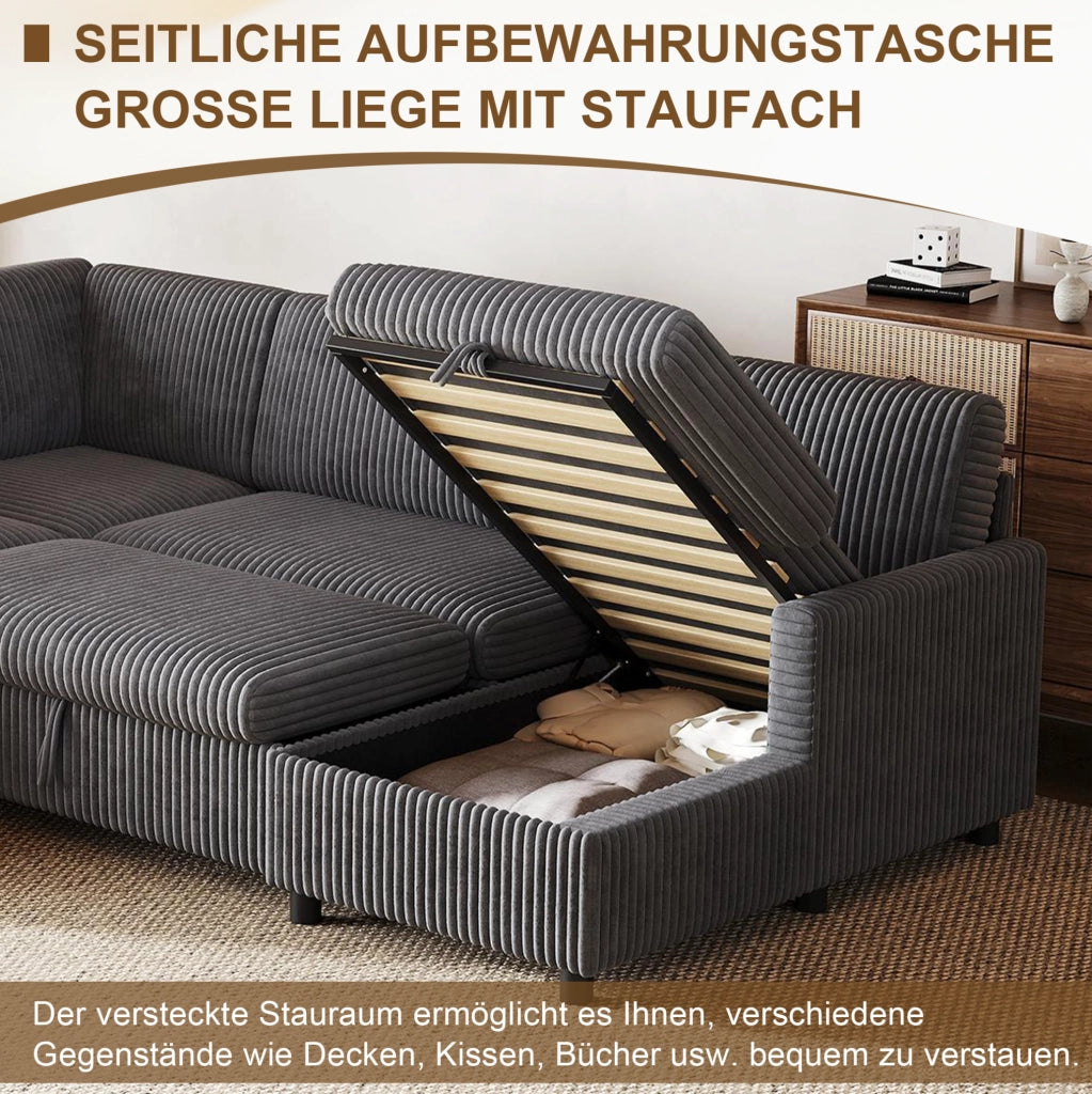 Divano angolare a U con funzione letto; contenitore; corduroy grigio 274x220x85 cm