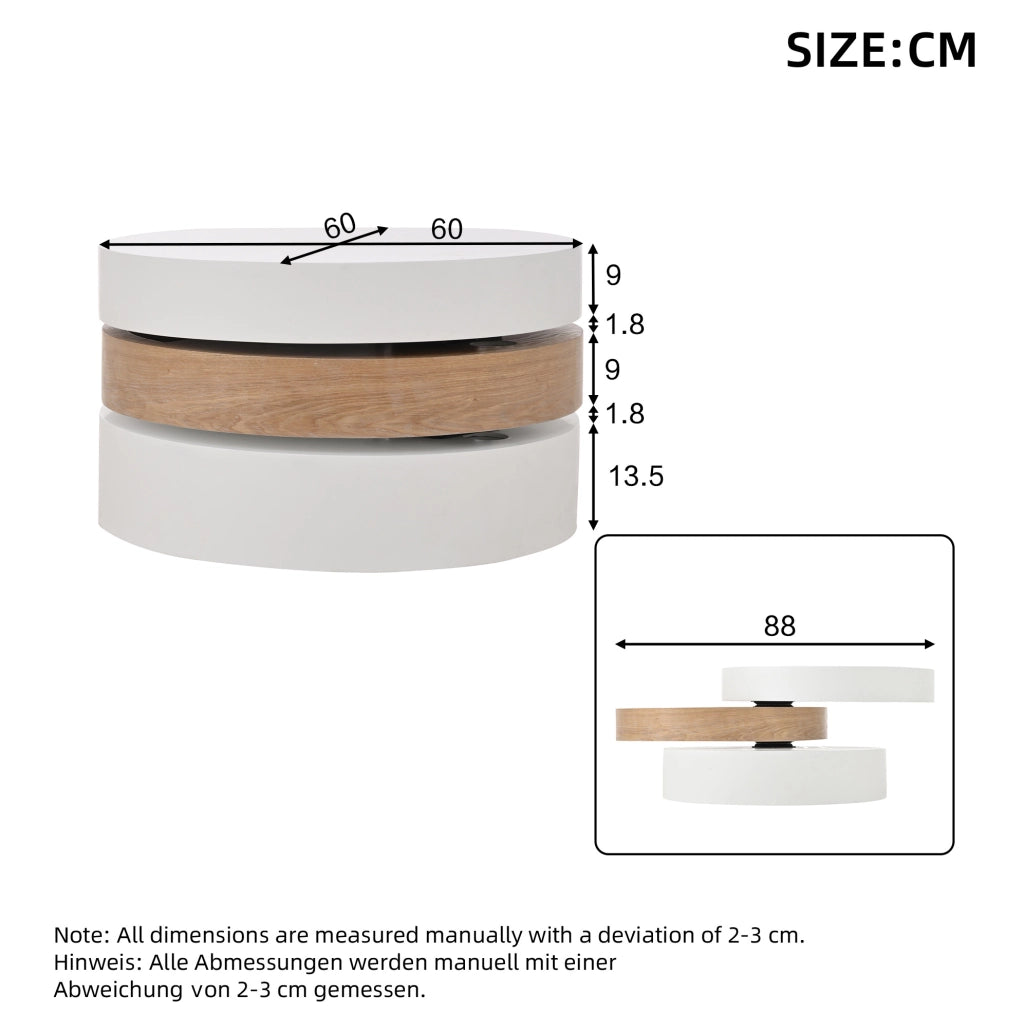 Tavolino da salotto rotondo girevole 360° 60x60 cm con vano contenitore bianco e legno naturale HOMVRA