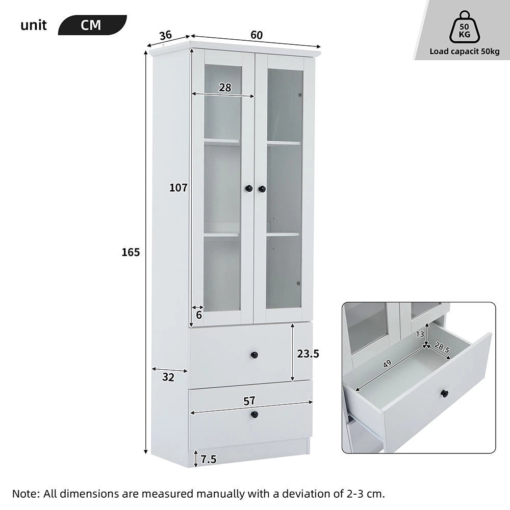 Vetrina moderna LED - Xylo - 165 cm - Bianco opaco - USB, telecomando 16 colori, vetro, 2 cassetti, ripiani regolabili, ante battenti