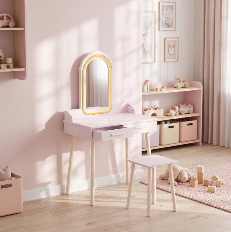 TOELETTA Bambini 2 in 1 Rosa con Specchio LED e Sgabello, Set 2 pezzi