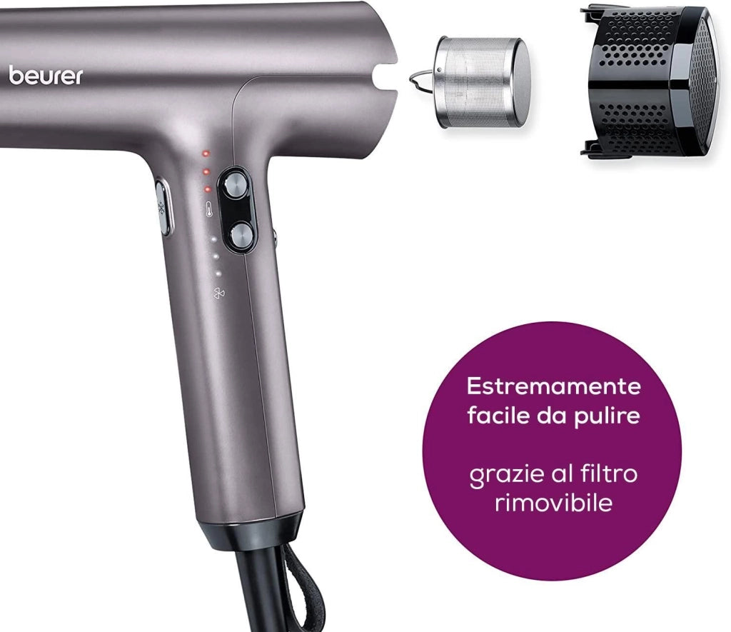 Beurer Asciugacapelli HC 100, Phon Potente da 1700 W per un'Asciugatura Rapida e Delicata e Acconciatura Precisa, 4 Livelli di Temperatura e Ventola, Bocchetta per Styling e Diffusore