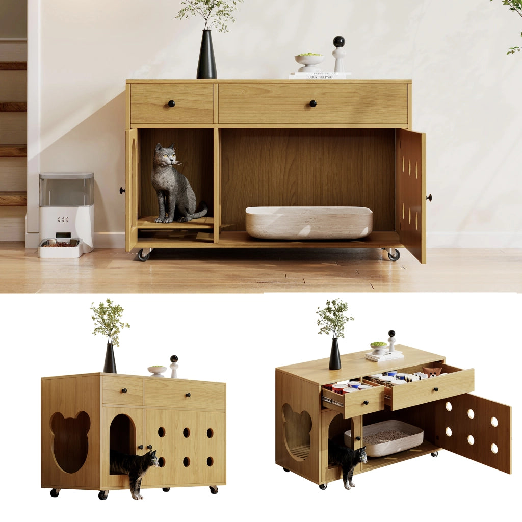 Mobile Nascondi Lettiera Gatto in Legno Naturale con Cassetti e Ruote 100x45x66 cm
