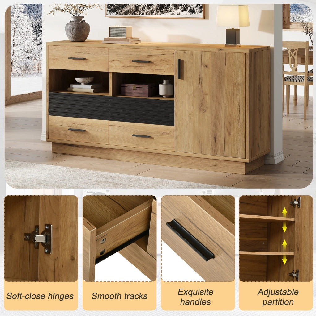 Credenza ULEVR 140x35x70 cm con 6 cassetti e 1 anta, mobile contenitore in MDF effetto rovere