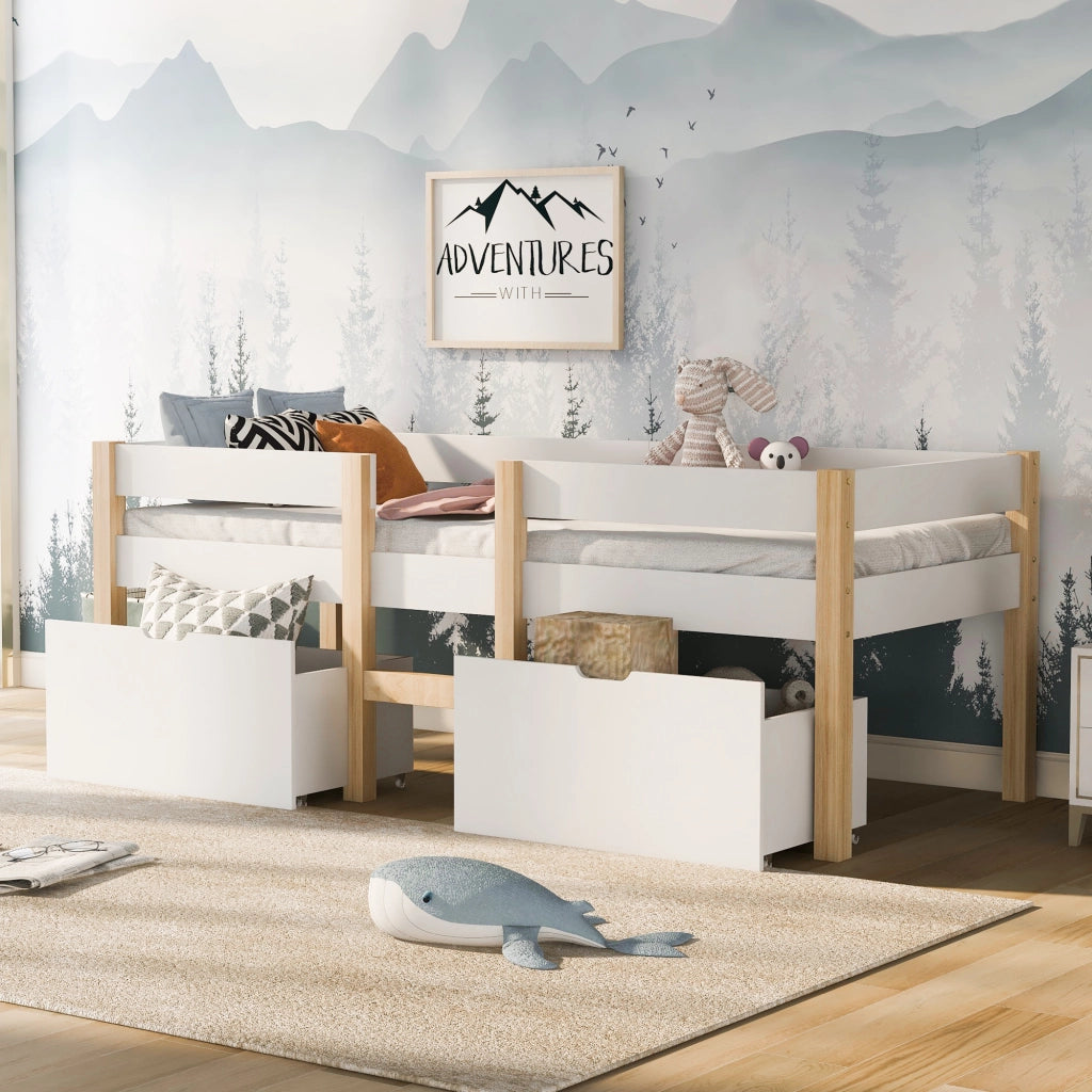 Letto con cassetti 90 × 190 cm semialto con scala e barriera anticaduta in legno bianco con rete a doghe