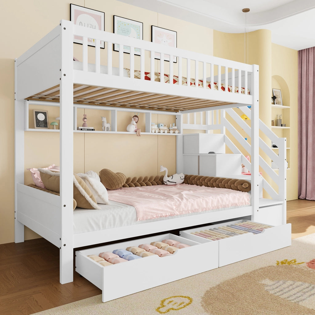 Letto a castello 90 × 200 cm 2 posti con armadio; 2 cassetti; 4 mensole e scala contenitore; senza materasso; bianco